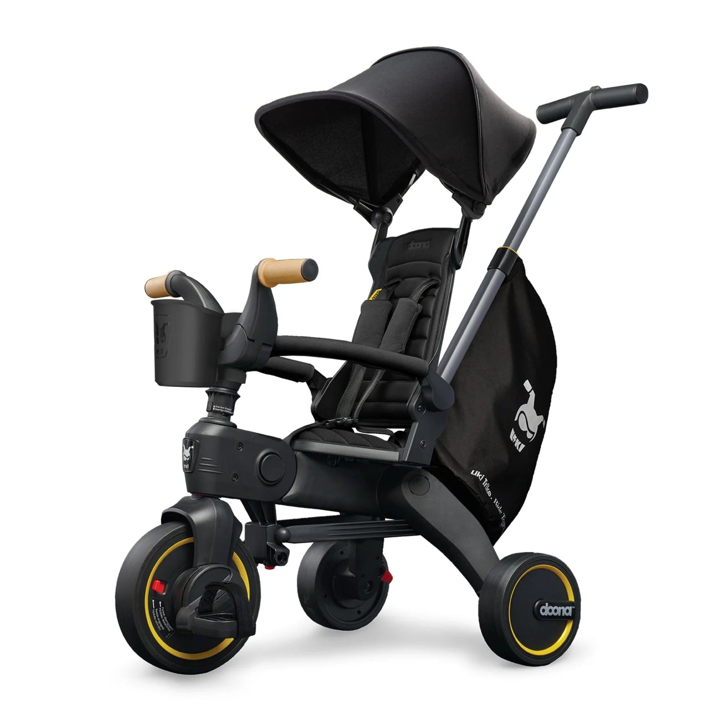 Doona Liki Trike S5 Midnight Edition – premium foldable trike in black with canopy and footrest, perfect for toddlers 10 months to 3 years, available at Thursday’s Child Rental.