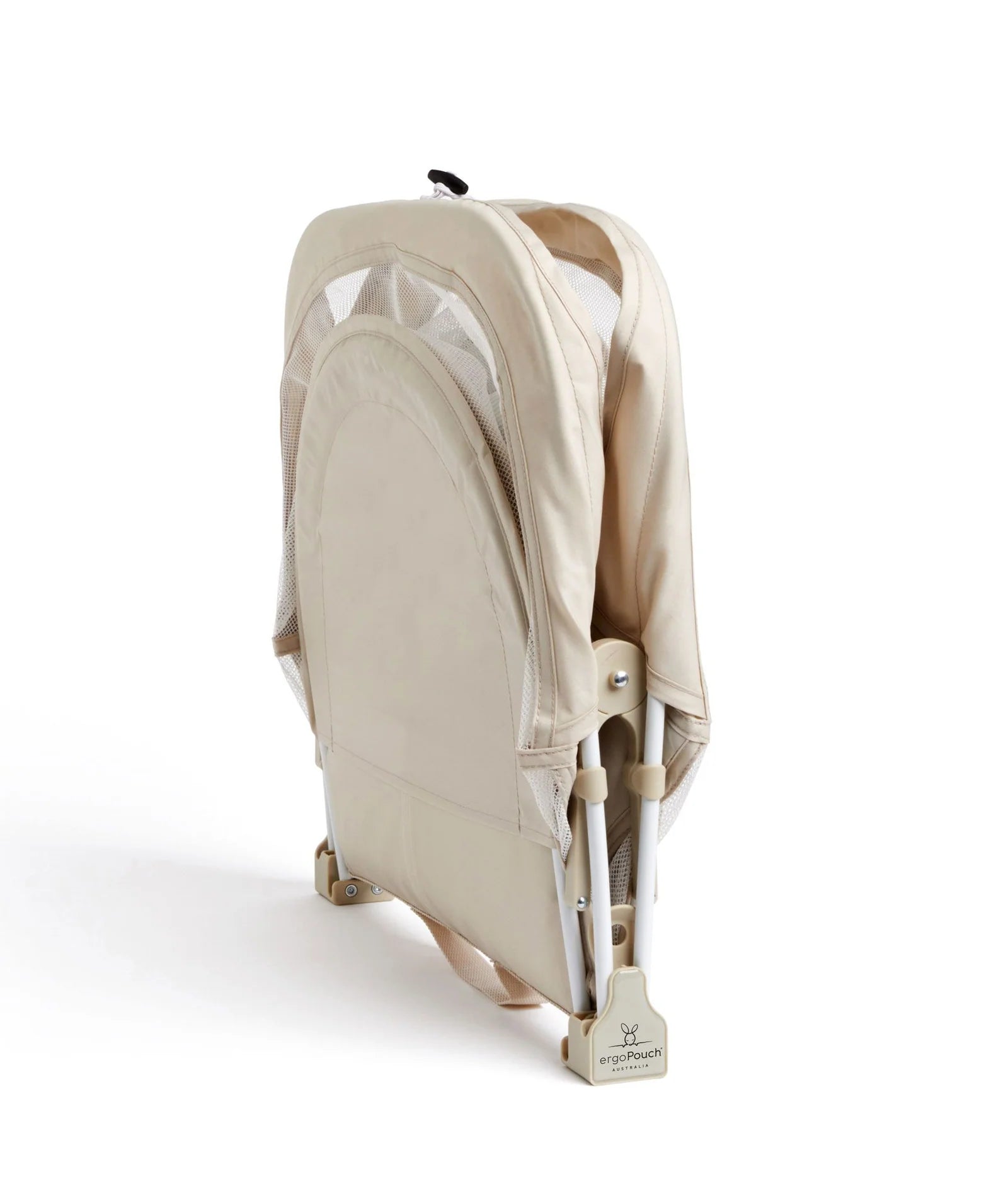 Lightweight and portable Ecru crib packed for vacation or overnight stay."