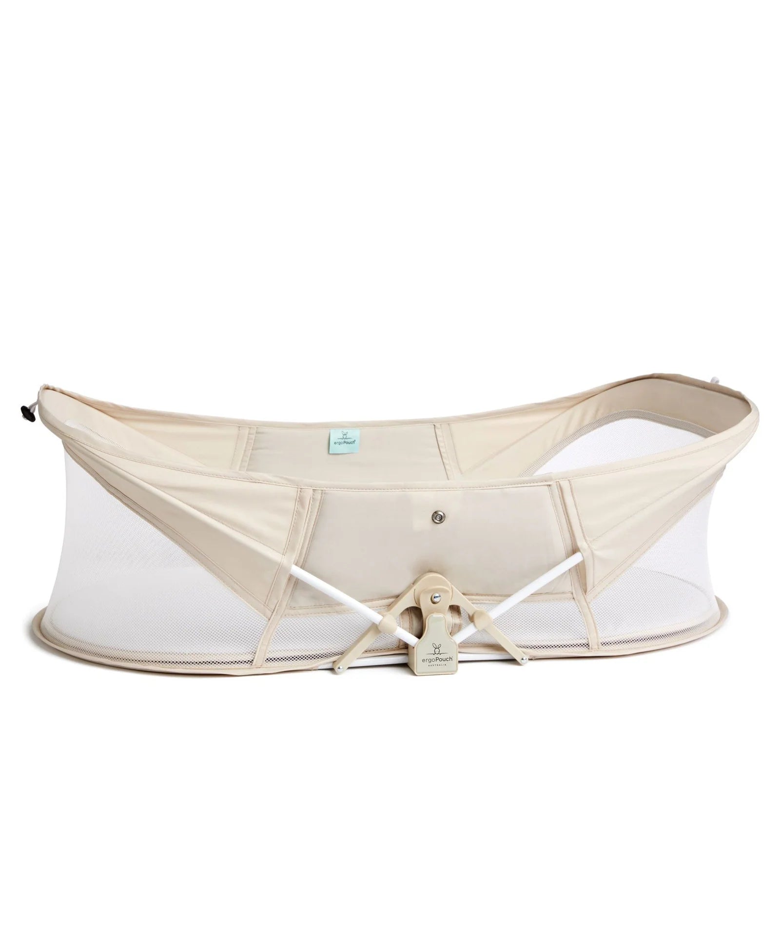 Sturdy frame and breathable design of Ecru travel crib for infants.

