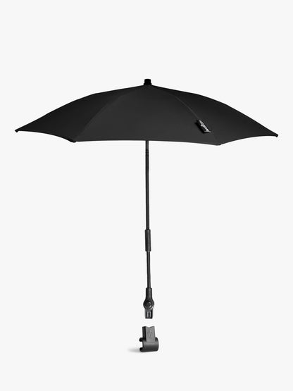 Stokke babyzen yoyo parasol in black, a sleek official parasol that easily attaches to the YOYO frame. It can be easily attached and removed, making it perfect for attaching whilst on the move and protecting your child from the sun as it protects up SPF50 Available to hire from Thursdays Child Rental. 