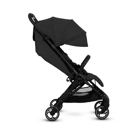 Silver Cross Clic 2 stroller in Space Black—lightweight, compact buggy ideal for travel and everyday use, available to rent from Thursday’s Child Rental.